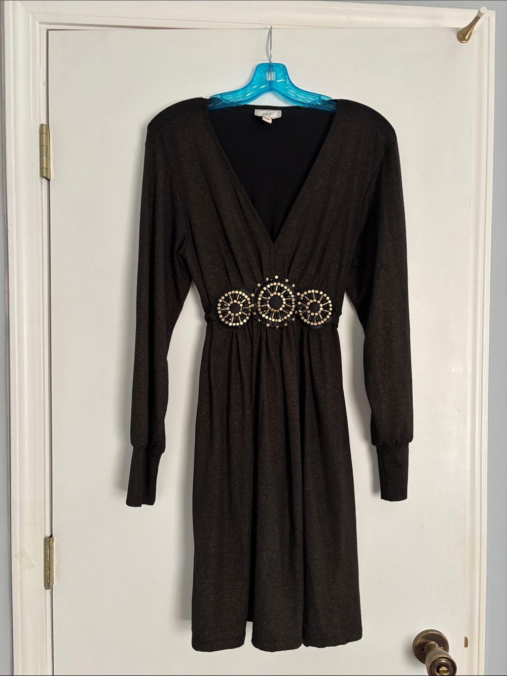 ECI Black Long-Sleeve V-Neck Dress with Beaded Waist Detail